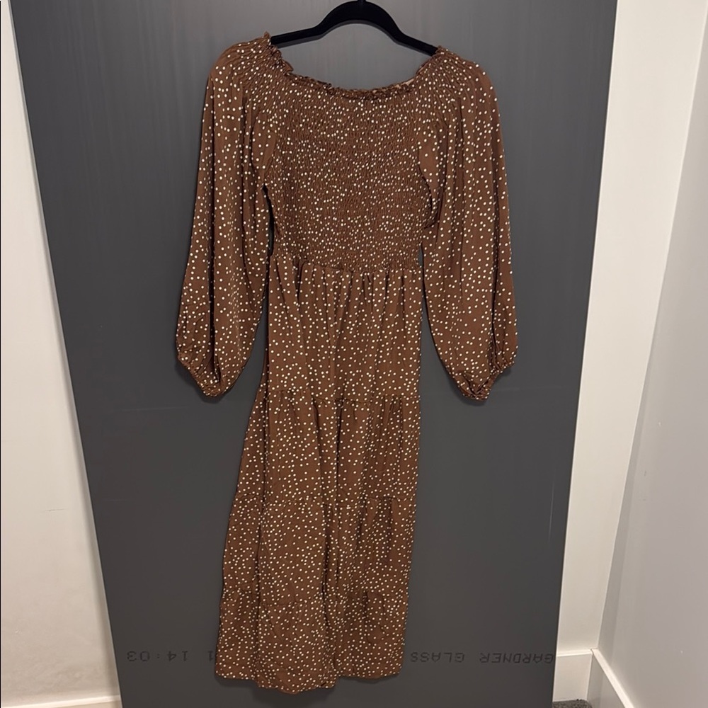 Brown Ruched Smocked Sundress with Bishop Sleeves